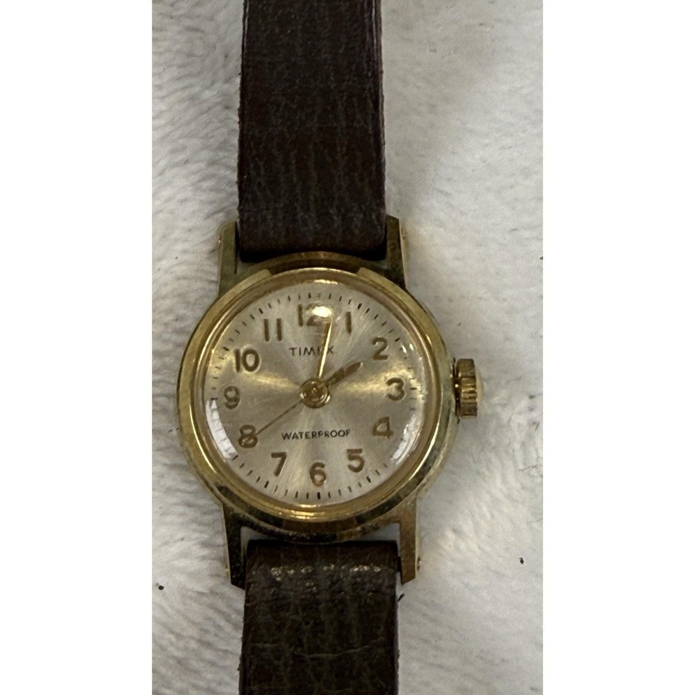 Vintage Timex Waterproof Wind Up Watch Gold Tone Brown Band As Is
